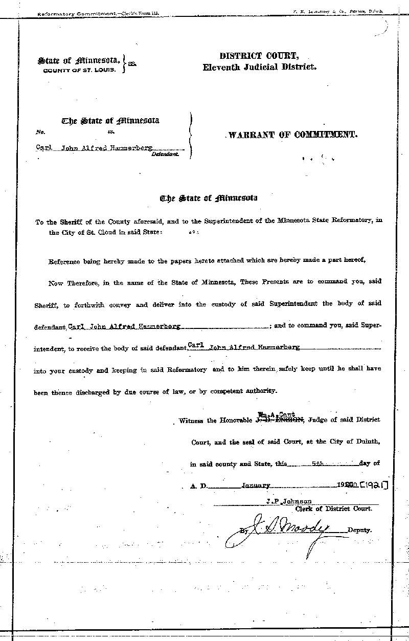 Carl John Alfred Hammerberg. Case No. 5148. Warrant of Commitment. January 1921.