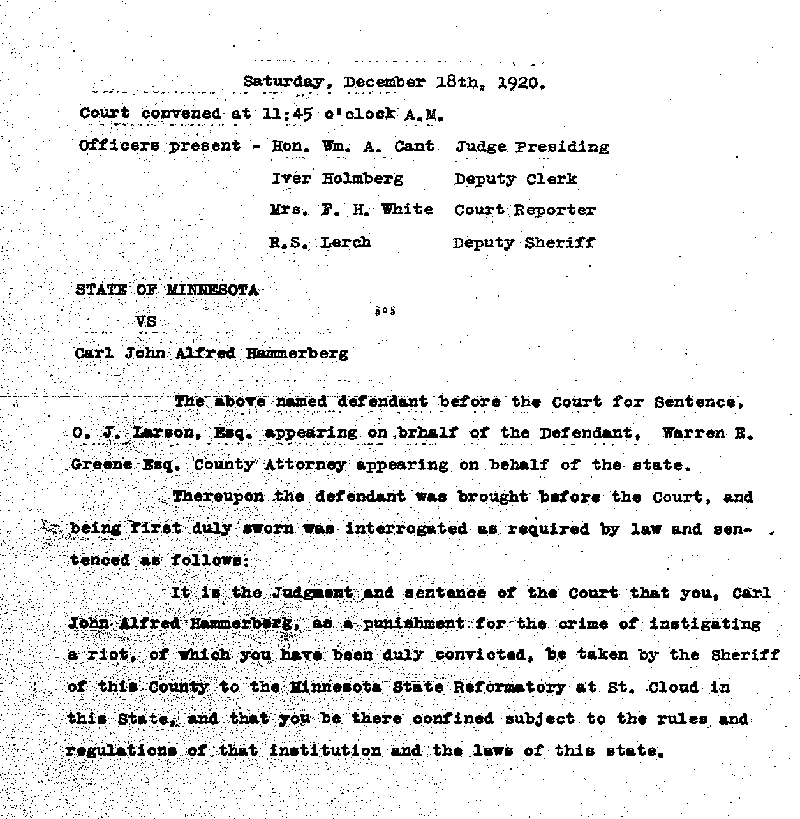 Carl John Alfred Hammerberg. Case No. 5148. Sentence Record. January 1921.