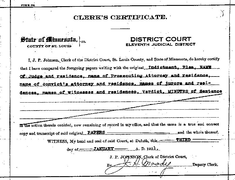 Carl John Alfred Hammerberg. Case No. 5148. Clerk&#039;s Certificate. January 1921.--Gov&#039;t Record(s)--Clerk&#039;s Certificate (gif)