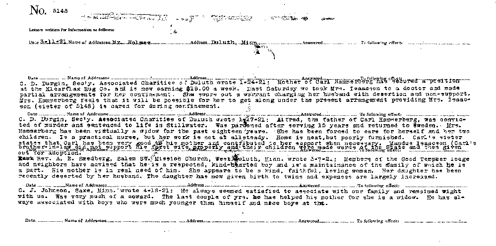 Carl John Alfred Hammerberg. Case No. 5148. Letters Written for Information.--Gov't Record(s)--Letters Written for Information (gif)