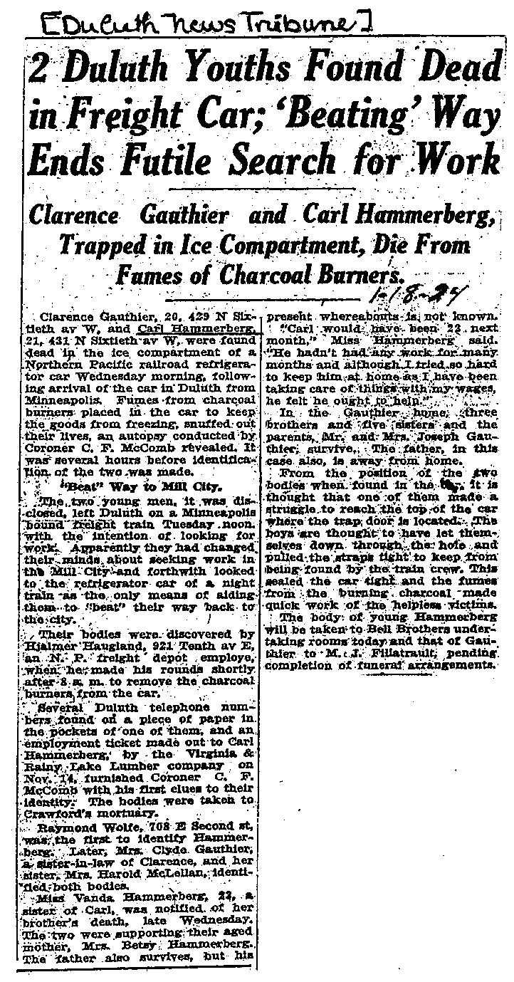 Carl John Alfred Hammerberg. Case No. 5148. Duluth News Tribune, January 18, 1924.