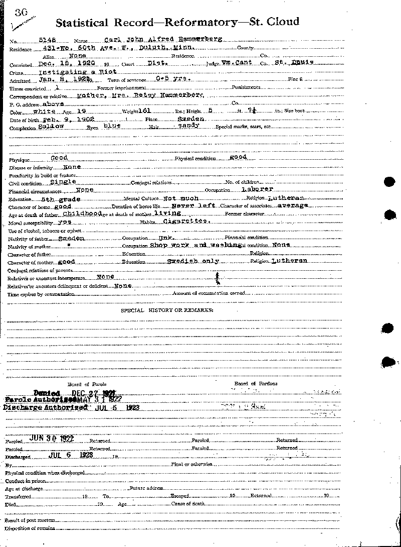 Carl John Alfred Hammerberg. Case No. 5148. Statistical Record.