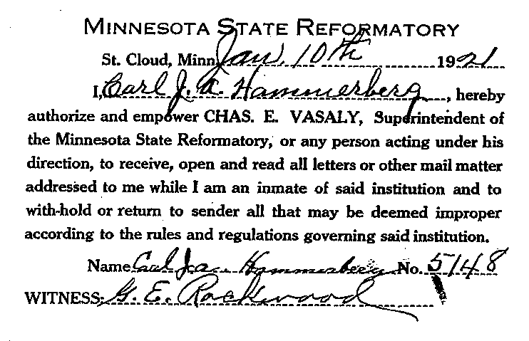 Carl John Alfred Hammerberg. Case No. 5148.  Authorization to Open Incoming Mail, January 10, 1921.
