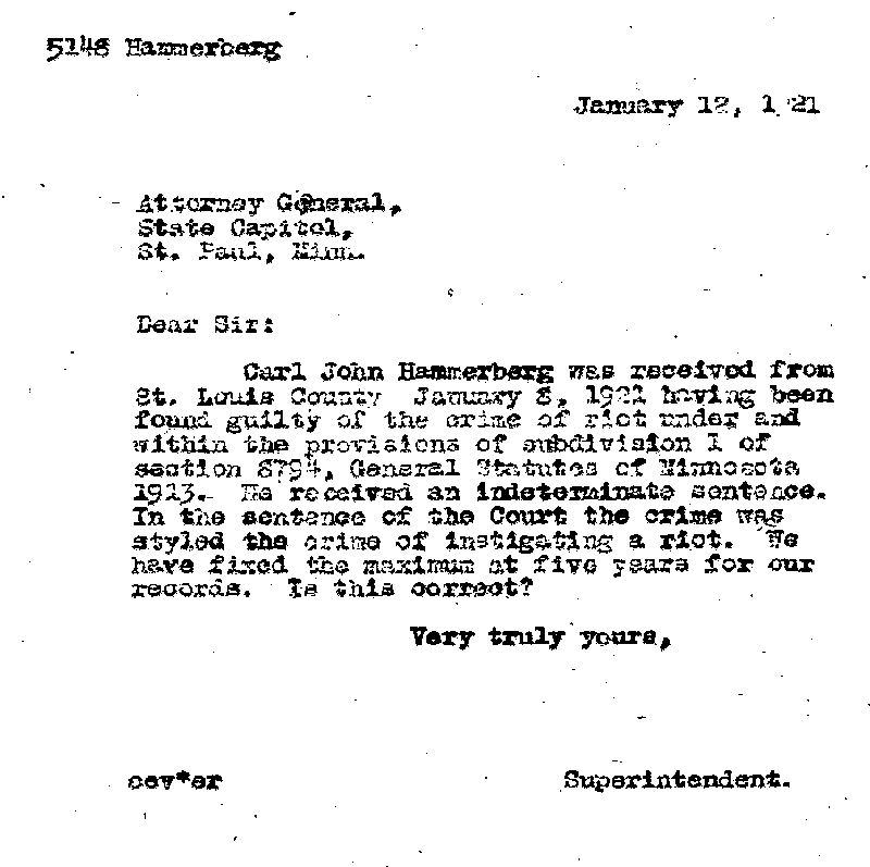 Carl John Alfred Hammerberg. Case No. 5148. Letter from Charles E. Vasaly to Clifford L. Hilton, January 12, 1921.