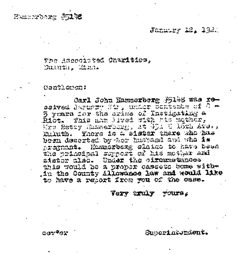 Carl John Alfred Hammerberg. Case No. 5148. Letter from Charles E. Vasaly to The Associated Charities, January 12, 1921.