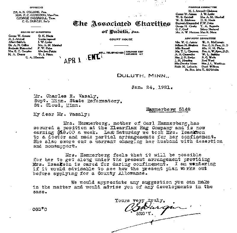 Carl John Alfred Hammerberg. Case No. 5148. Letter from C. G. Durgin to Charles E. Vasaly, January 24, 1921.