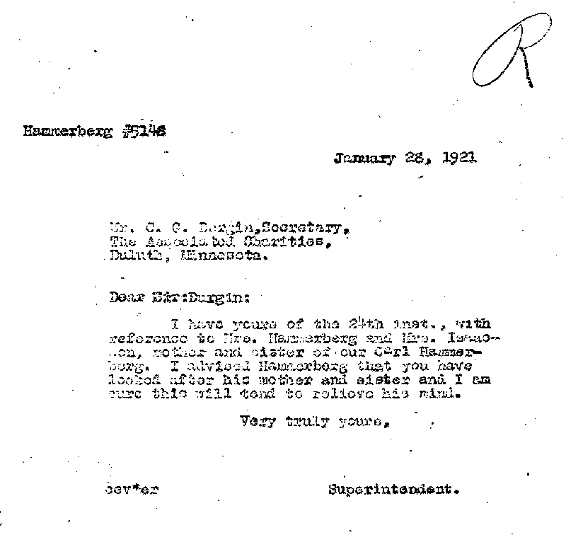 Carl John Alfred Hammerberg. Case No. 5148. Letter from Charles E. Vasaly to C. G. Durgin, January 28, 1921.