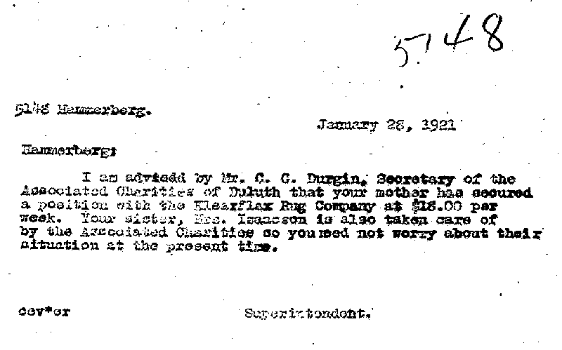 Carl John Alfred Hammerberg. Case No. 5148. Letter from Charles E. Vasaly to Carl John Alfred Hammerberg, January 28, 1921.