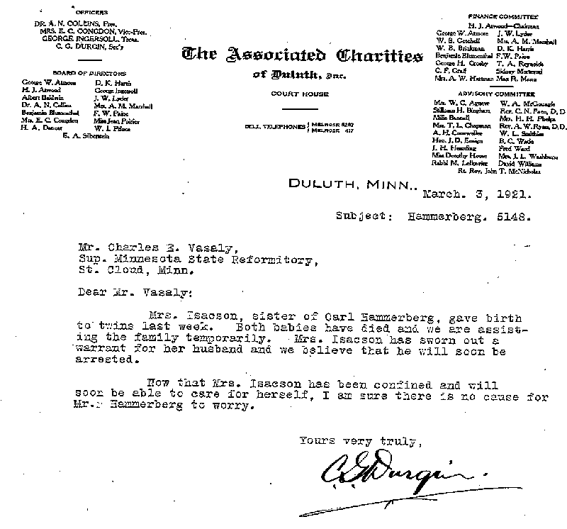 Carl John Alfred Hammerberg. Case No. 5148. Letter from C. G. Durgin to Charles E. Vasaly, March 3, 1921.