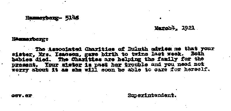 Carl John Alfred Hammerberg. Case No. 5148. Letter from Charles E. Vasaly to Carl John Alfred Hammerberg, March 4, 1921.