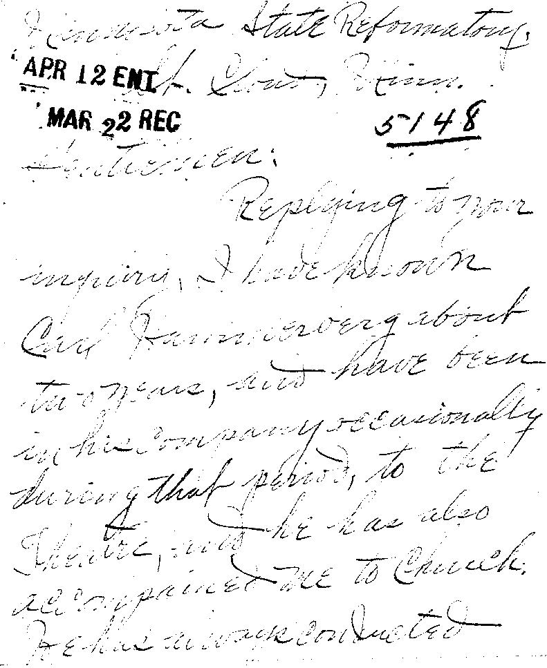 Carl John Alfred Hammerberg. Case No. 5148. Letter from Esther Larson to Minnesota State Reformatory for Men, March 22, 1921.--Correspondence (gif)