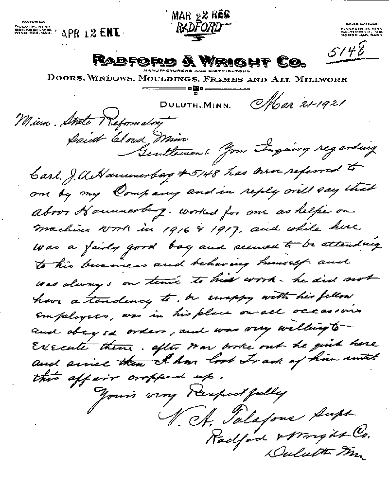 Carl John Alfred Hammerberg. Case No. 5148. Letter from N. A. Talafous to Minnesota State Reformatory for Men, March 21, 1921.
