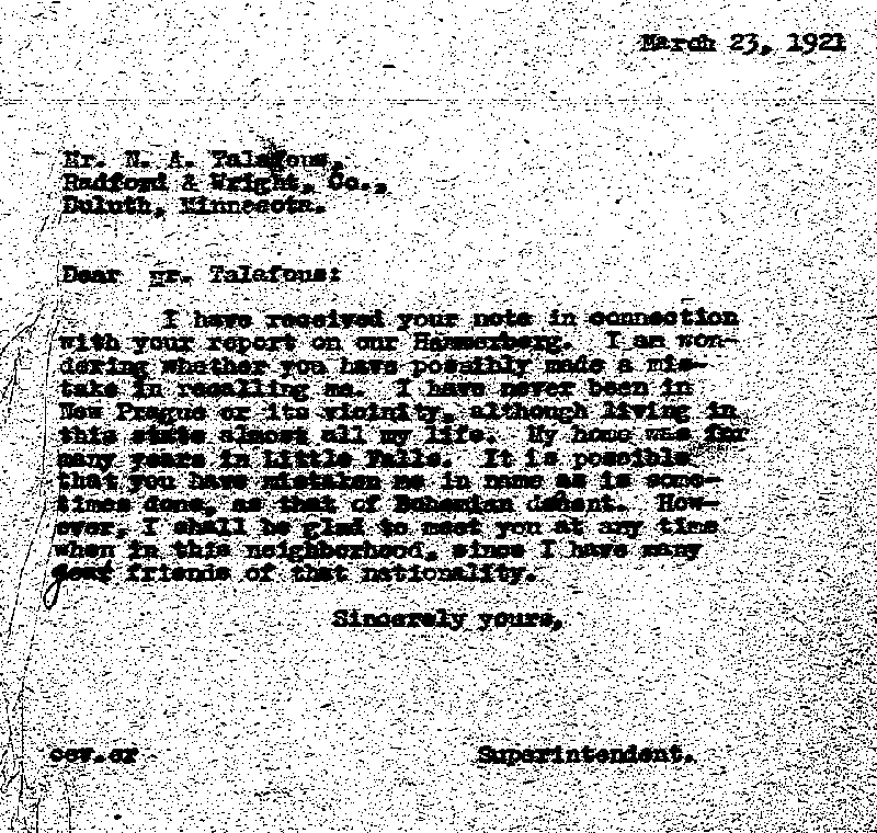 Carl John Alfred Hammerberg. Case No. 5148. Letter from Charles E. Vasaly to N. A. Talafous, March 23, 1921.