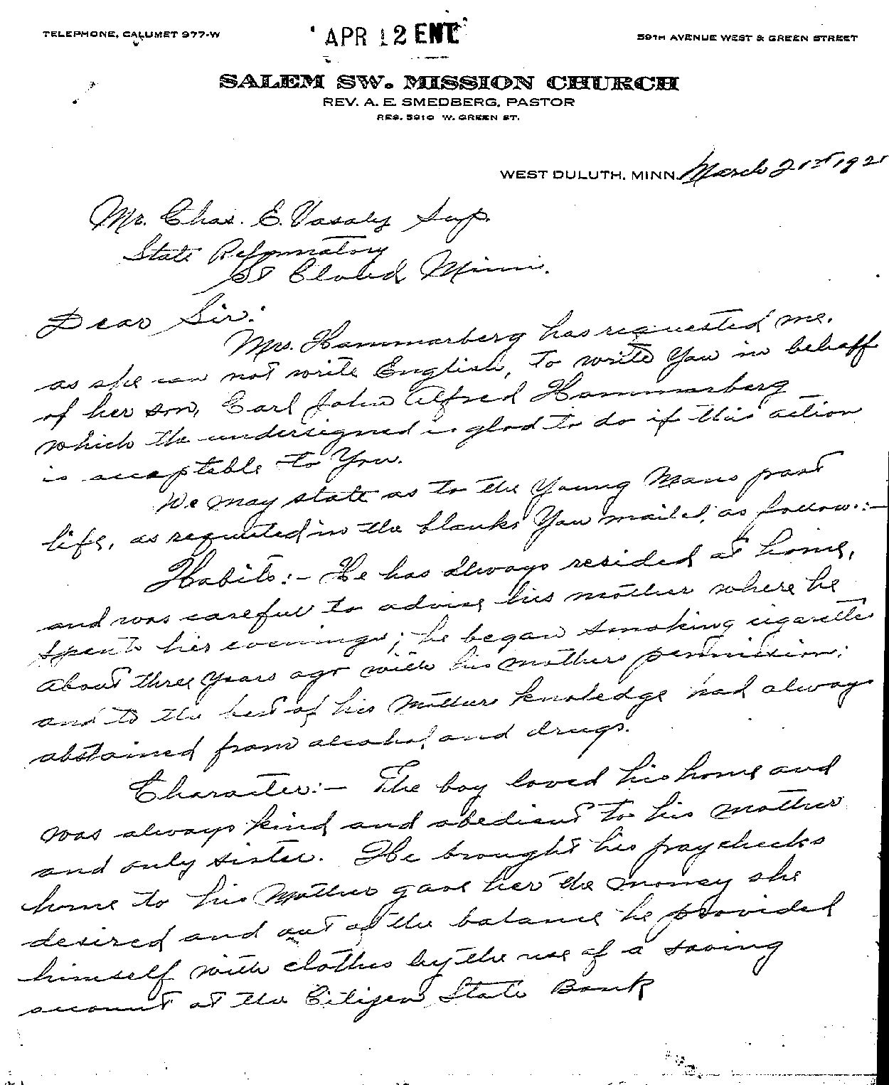  Carl John Alfred Hammerberg. Case No. 5148. Letter from Betsy Hammerberg and Vanda Isaacson to Charles E. Vasaly, March 21, 1921.--Correspondence (gif)