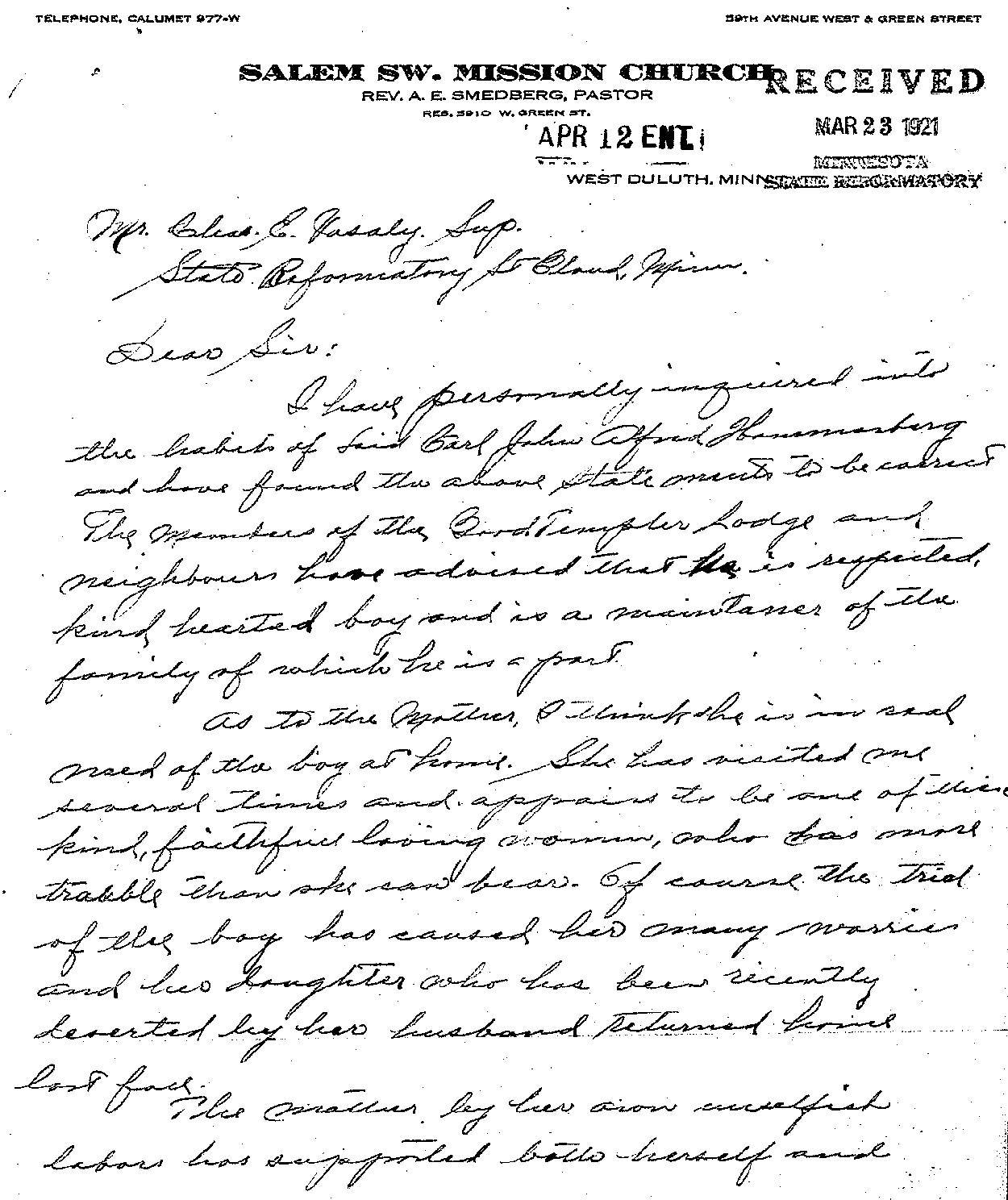 Carl John Alfred Hammerberg. Case No. 5148. Letter from A. E. Smedberg to Charles E. Vasaly, March 23, 1921.--Correspondence (gif)