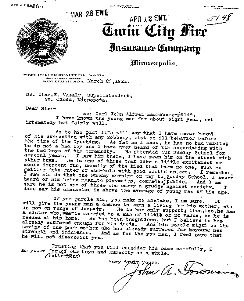 Carl John Alfred Hammerberg. Case No. 5148. Letter from John A. Forsman to Charles E. Vasaly, March 25, 1921.