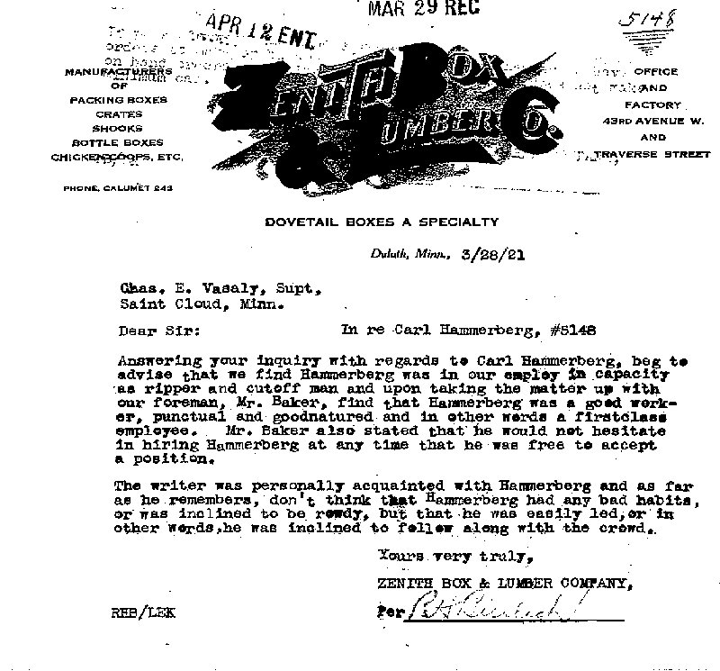 Carl John Alfred Hammerberg. Case No. 5148. Letter from R. H. Bulloch to Charles E. Vasaly, March 28, 1921.