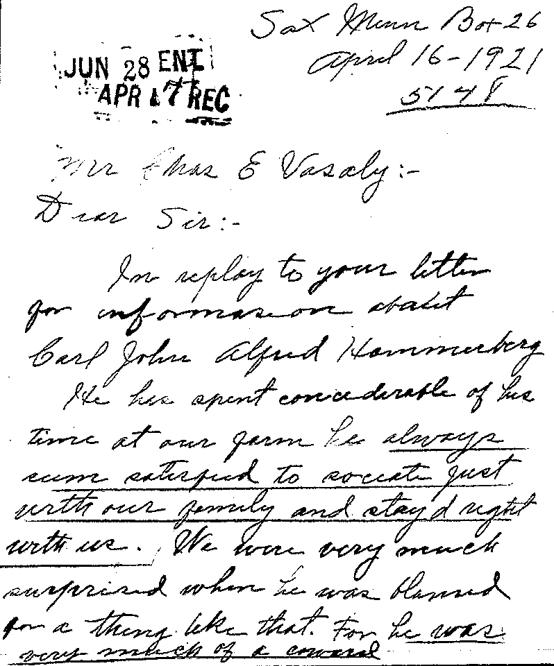  Carl John Alfred Hammerberg. Case No. 5148. Letter from C. J. Johnson to Charles E. Vasaly, April 16, 1921.--Correspondence (gif)