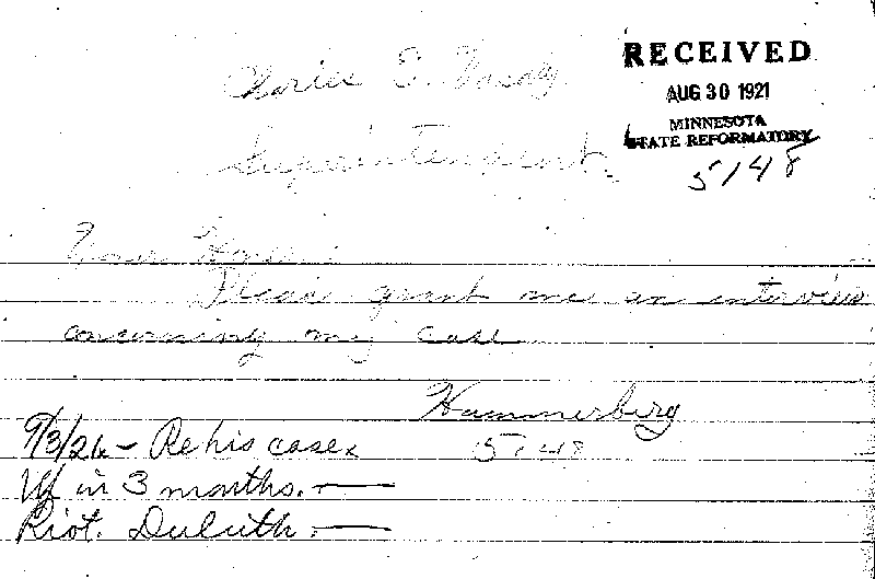 Carl John Alfred Hammerberg. Case No. 5148. Letter from Carl John Alfred Hammerberg to Charles E. Vasaly, August 30, 1921.