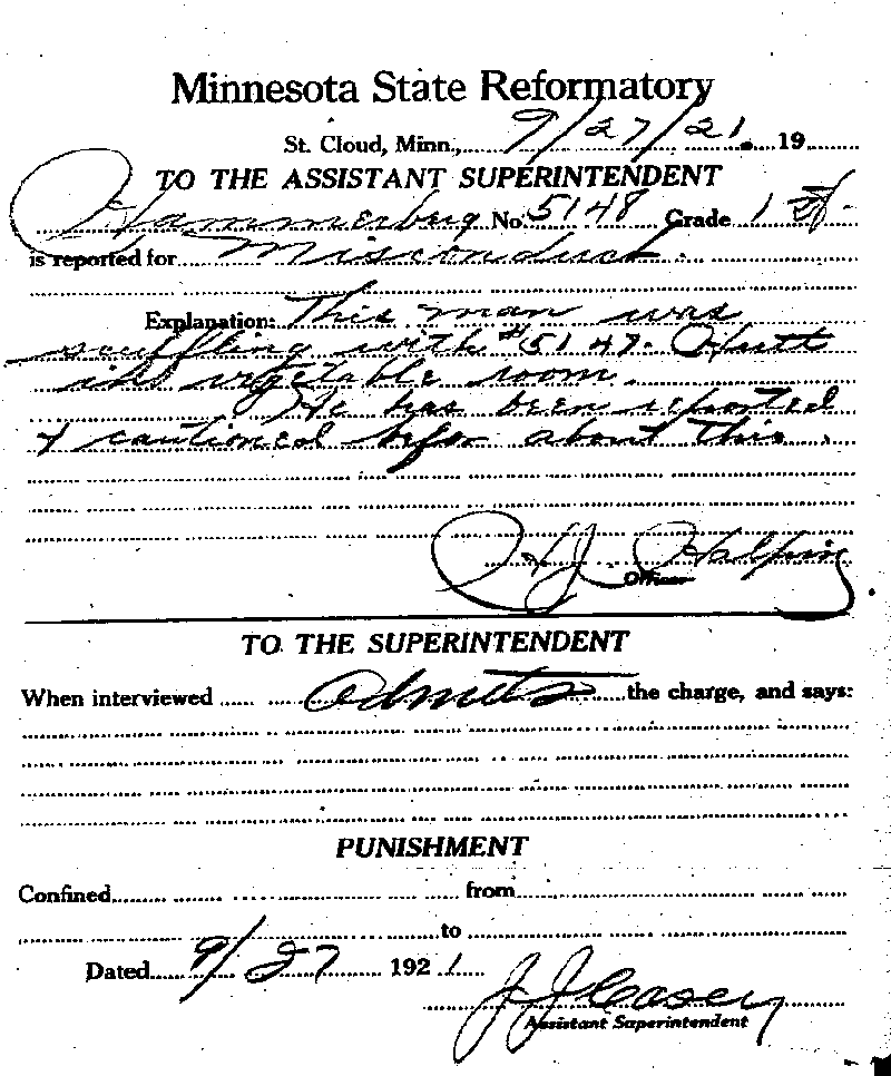 Carl John Alfred Hammerberg. Case No. 5148. Incident Report, September 27, 1921.--Gov&#039;t Record(s)--Incident Report (gif)