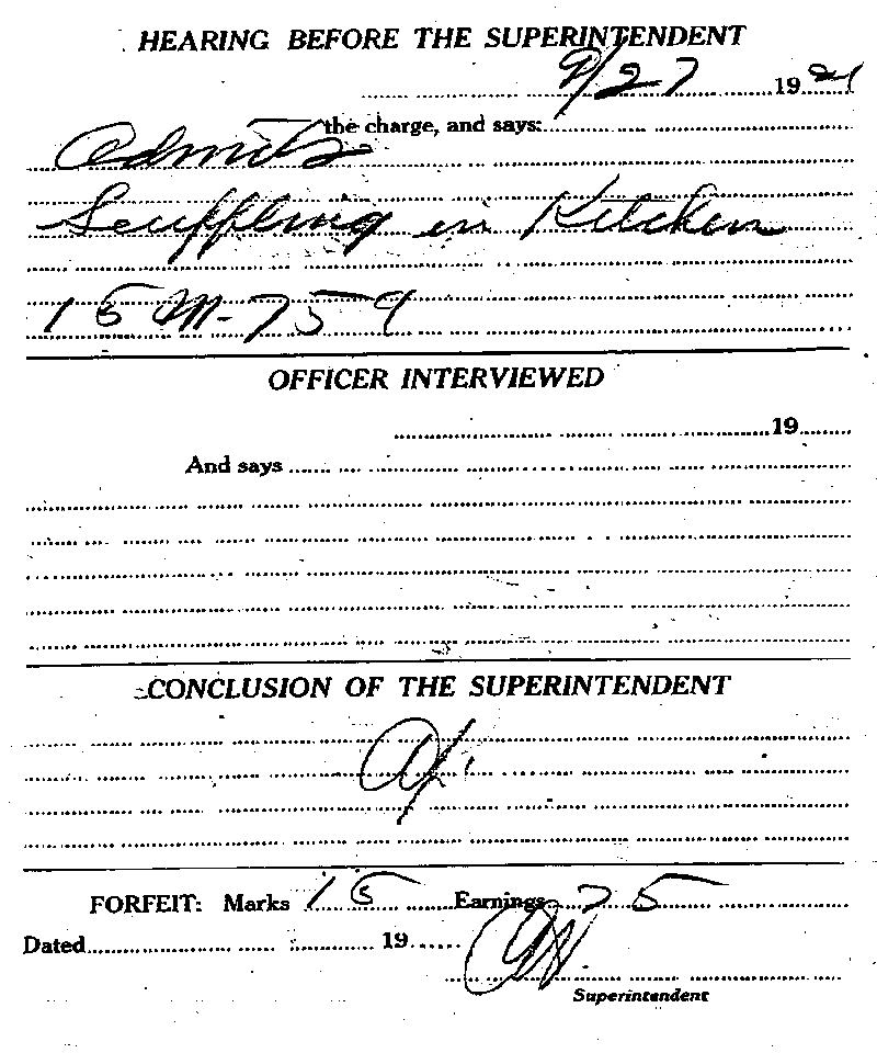 Carl John Alfred Hammerberg. Case No. 5148. Incident Report, September 27, 1921.--Gov&#039;t Record(s)--Incident Report (gif)