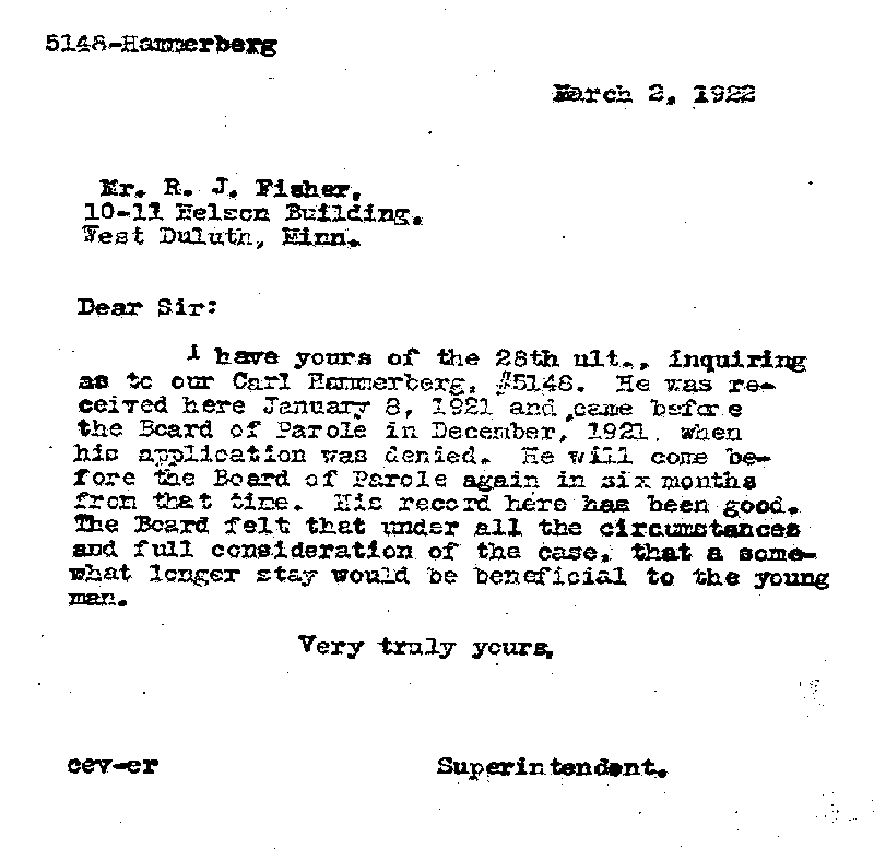 Carl John Alfred Hammerberg. Case No. 5148. Letter from Charles E. Vasaly to Richard J. Fisher, March 2, 1922.