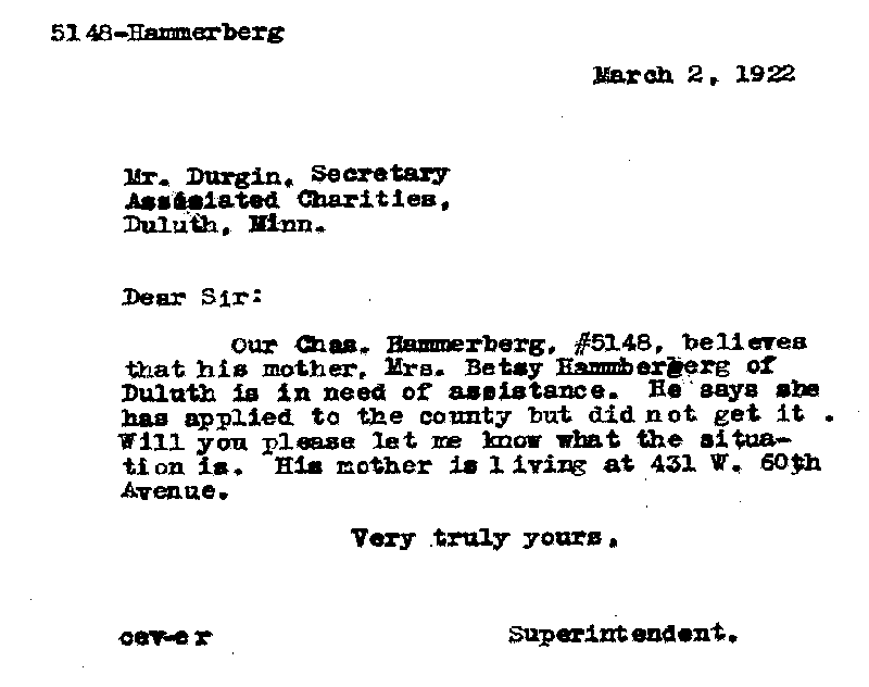 Carl John Alfred Hammerberg. Case No. 5148. Letter from Charles E. Vasaly to C. G. Durgin, March 2, 1922.