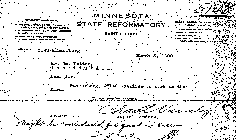 Carl John Alfred Hammerberg. Case No. 5148. Letter from Charles E. Vasaly to William Potter, March 3, 1922.