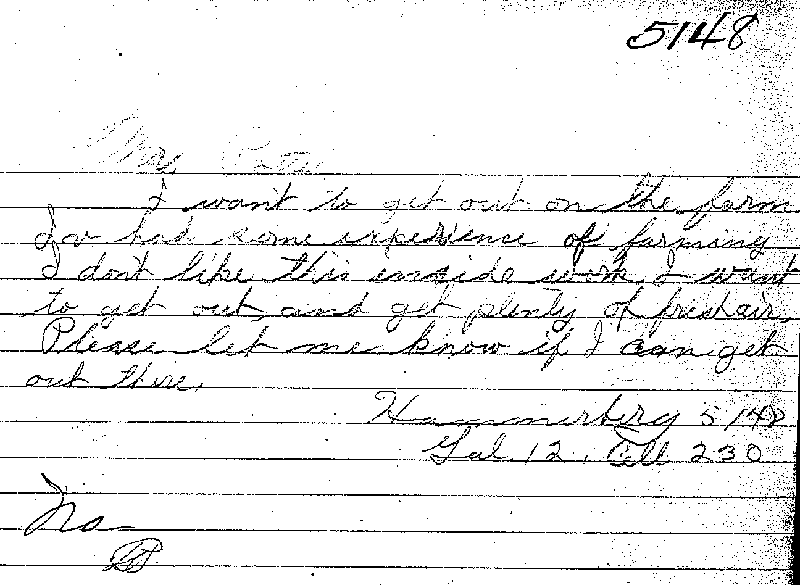 Carl John Alfred Hammerberg. Case No. 5148. Letter from Carl John Alfred Hammerberg to William Potter, March 1922.
