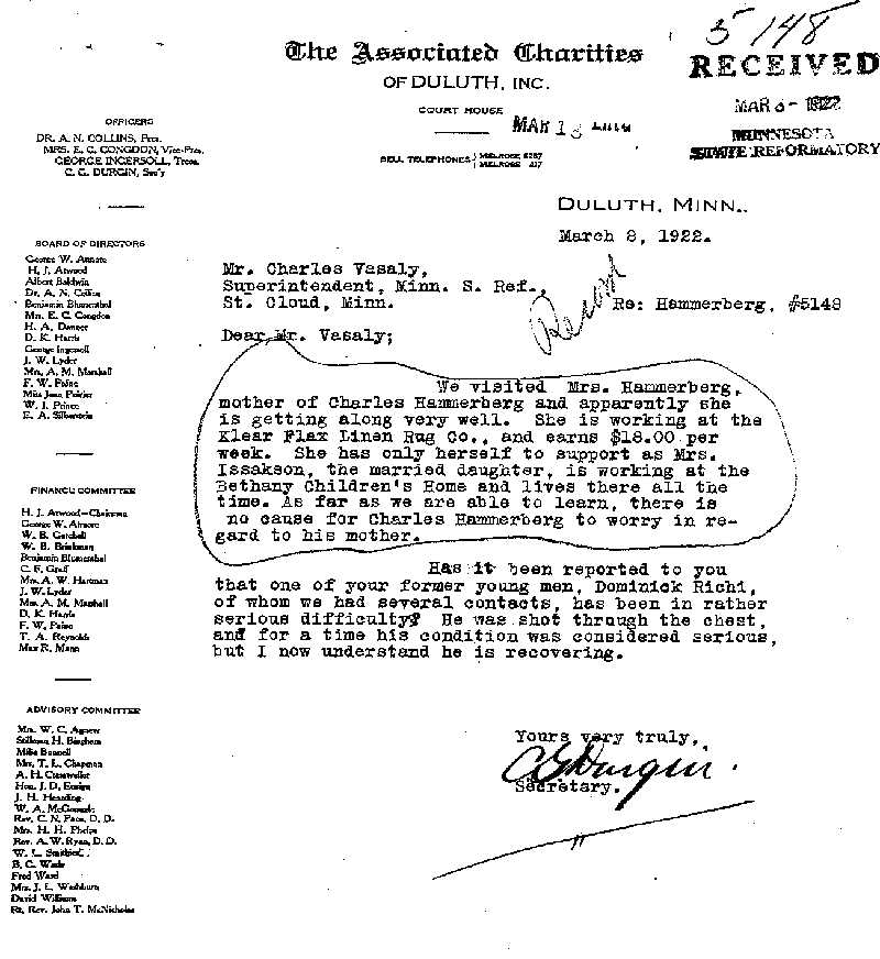 Carl John Alfred Hammerberg. Case No. 5148. Letter from C. G. Durgin to Charles E. Vasaly, March 8, 1922.