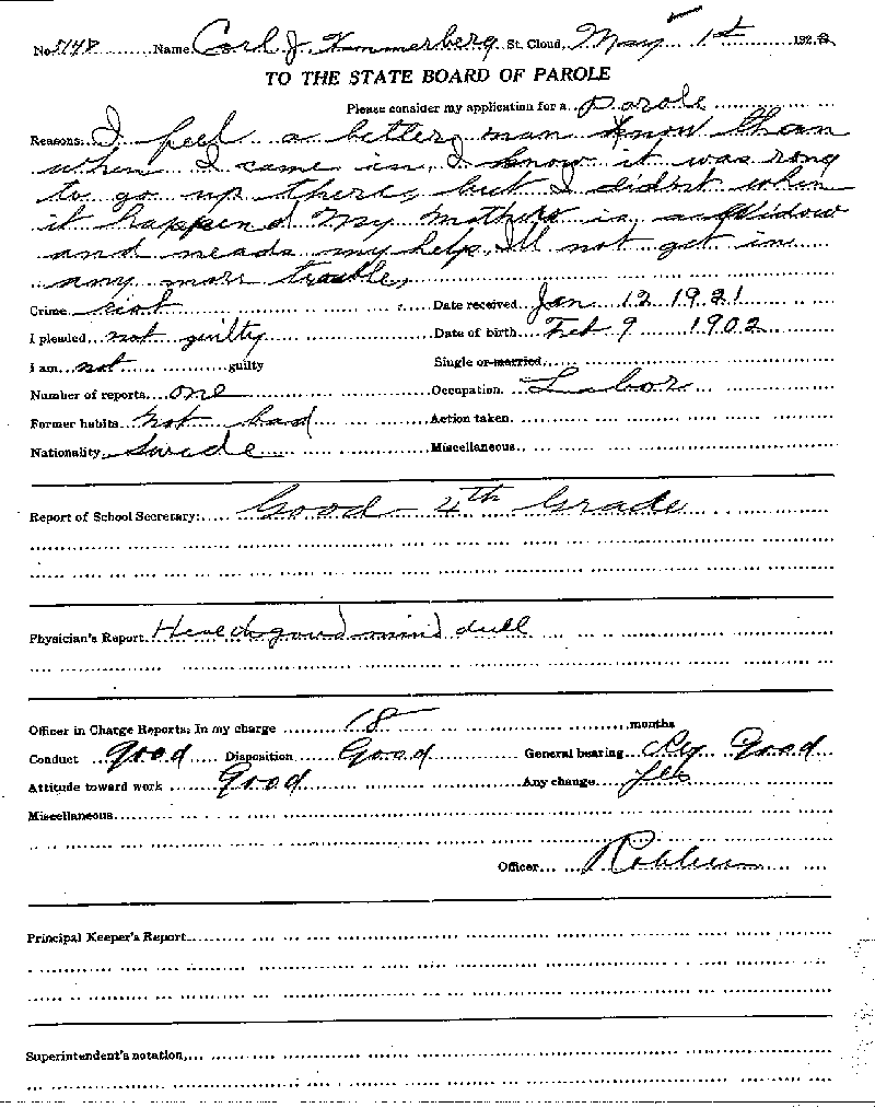 Carl John Alfred Hammerberg. Case No. 5148.  Application for Parole, May 1, 1922.