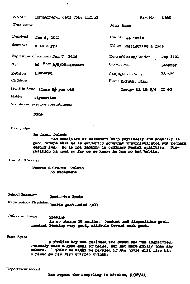Carl John Alfred Hammerberg. Case No. 5148. Parole Information Form, May 1922.--Gov&#039;t Record(s)--Parole Information Form (gif)