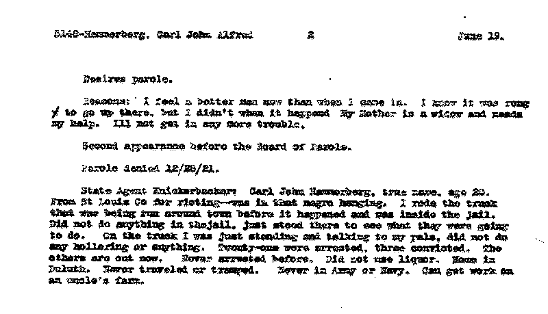 Carl John Alfred Hammerberg. Case No. 5148. Parole Information Form, May 1922.--Gov&#039;t Record(s)--Parole Information Form (gif)