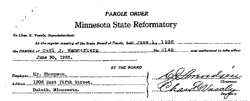 Carl John Alfred Hammerberg. Case No. 5148. Parole Order, June 30, 1922.--Gov&#039;t Record(s)--Parole Order (gif)