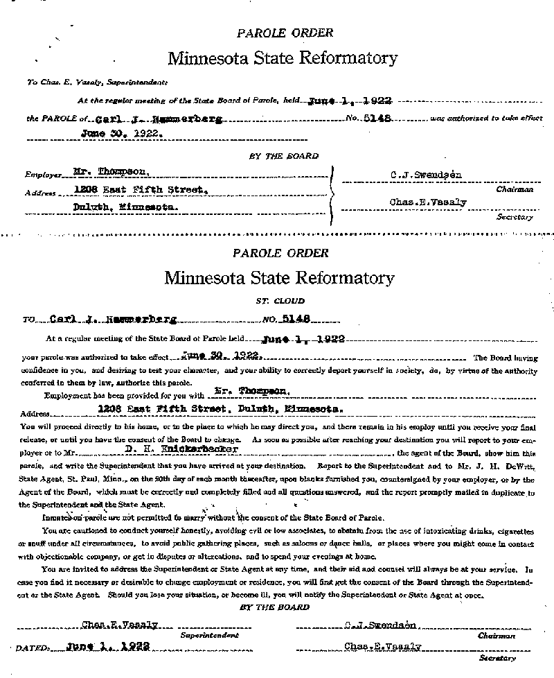 Carl John Alfred Hammerberg. Case No. 5148. Parole Order, June 30, 1922.--Gov&#039;t Record(s)--Parole Order (gif)