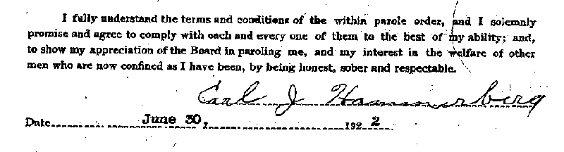 Carl John Alfred Hammerberg. Case No. 5148. Parole Order, June 30, 1922.--Gov&#039;t Record(s)--Parole Order (gif)