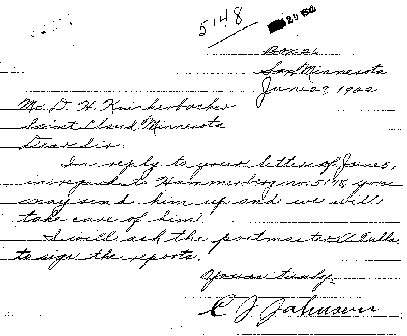 Carl John Alfred Hammerberg. Case No. 5148. Letter from C. J. Johnson to D. H. Knickerbacker, June 27, 1922.