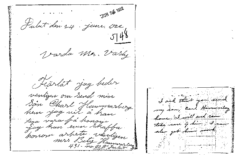 Carl John Alfred Hammerberg. Case No. 5148. Letter from Betsy Hammerberg to Charles E. Vasaly, June 24, 1922.