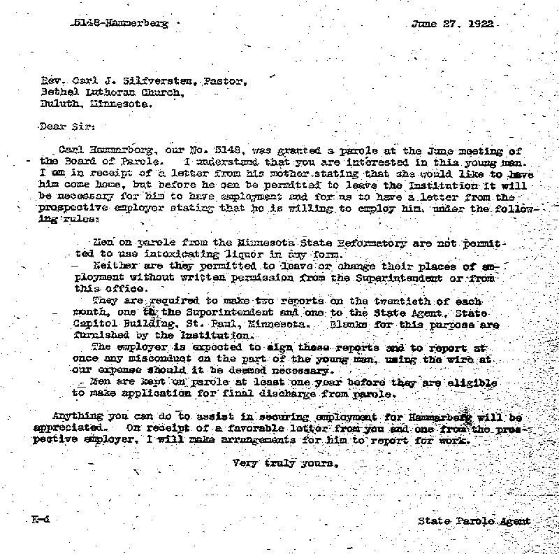 Carl John Alfred Hammerberg. Case No. 5148. Letter from D. H. Knickerbacker to Carl J. Silfversten, June 27, 1922.