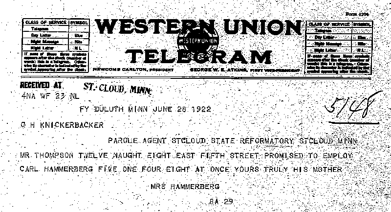 Carl John Alfred Hammerberg. Case No. 5148. Letter from Betsy Hammerberg to D. H. Knickerbacker, June 28, 1922.