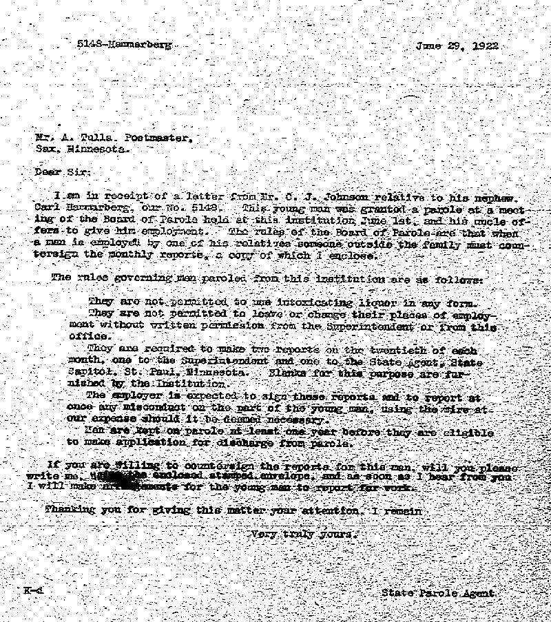 Carl John Alfred Hammerberg. Case No. 5148. Letter from Betsy Hammerberg to D. H. Knickerbacker, June 28, 1922.