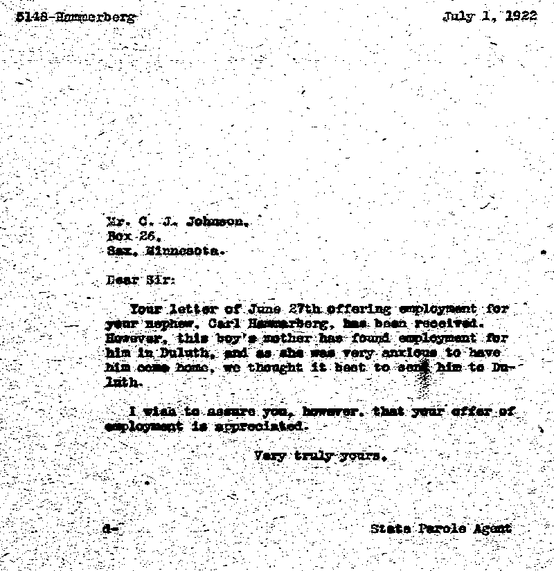 Carl John Alfred Hammerberg. Case No. 5148. Letter from D. H. Knickerbacker to C. J. Johnson, July 1, 1922.