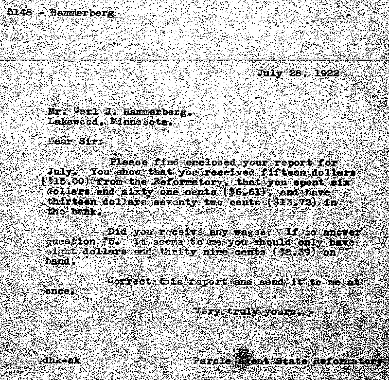 Carl John Alfred Hammerberg. Case No. 5148. Letter from D. H. Knickerbacker to Carl John Alfred Hammerberg, July 28, 1922.