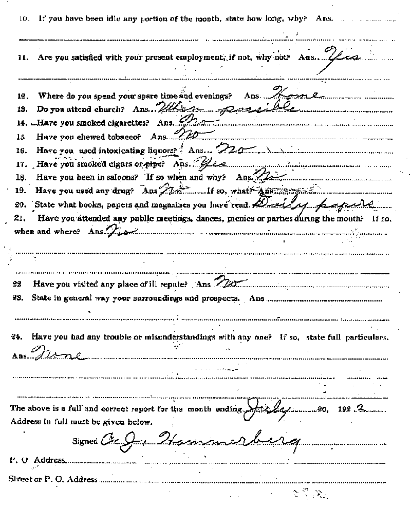 Carl John Alfred Hammerberg. Case No. 5148. Monthly Parole Report. July 20, 1922. --Gov&#039;t Record(s)--Monthly Parole Report (gif)
