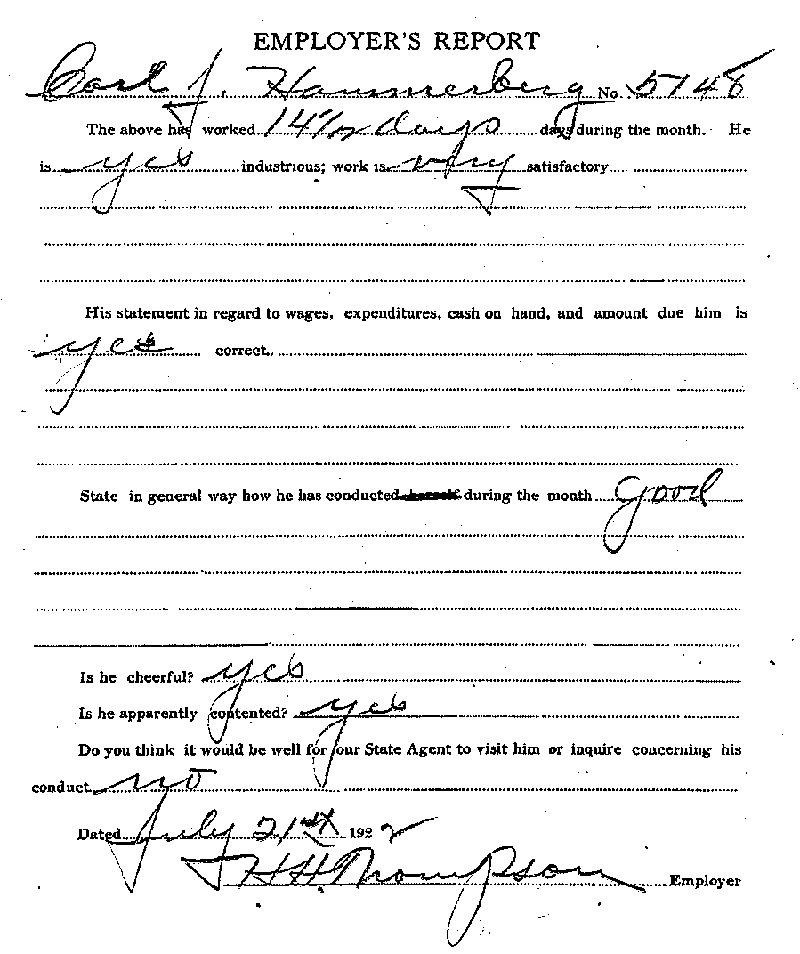 Carl John Alfred Hammerberg. Case No. 5148. Employer&#039;s Report, July 21, 1922.--Gov&#039;t Record(s)--Employer&#039;s Report (gif)