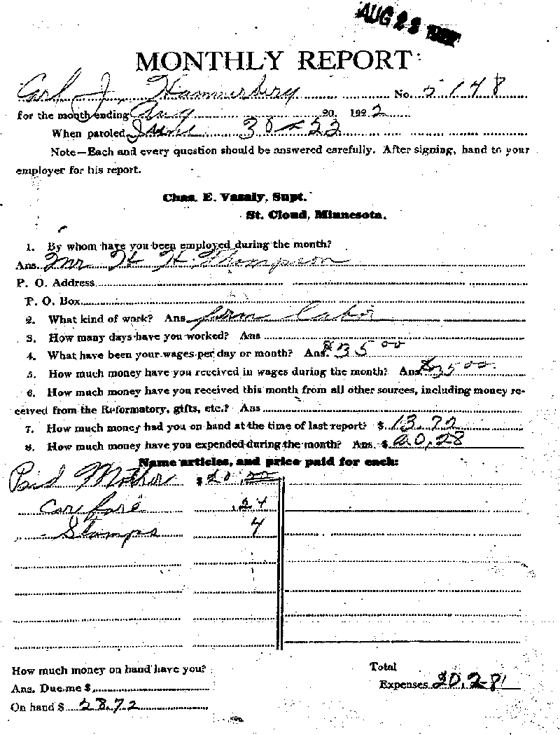 Carl John Alfred Hammerberg. Case No. 5148. Monthly Parole Report. August 20, 1922. --Gov&#039;t Record(s)--Monthly Parole Report (gif)