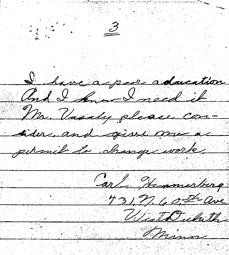  Carl John Alfred Hammerberg. Case No. 5148. Letter from Carl John Alfred Hammerberg to Charles E. Vasaly, September 3, 1922.--Correspondence (gif)