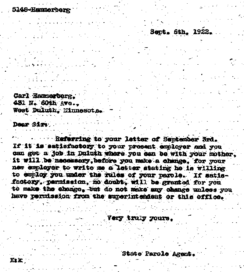 Carl John Alfred Hammerberg. Case No. 5148. Letter from D. H. Knickerbacker to Carl John Alfred Hammerberg, September 6, 1922.