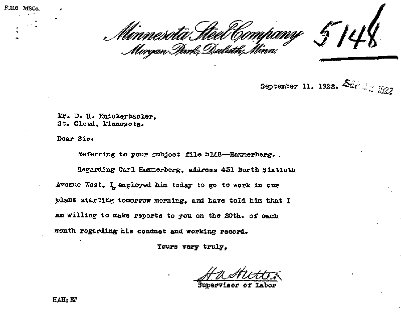 Carl John Alfred Hammerberg. Case No. 5148. Letter from Harry A. Hutter to D. H. Knickerbacker, September 11, 1922.