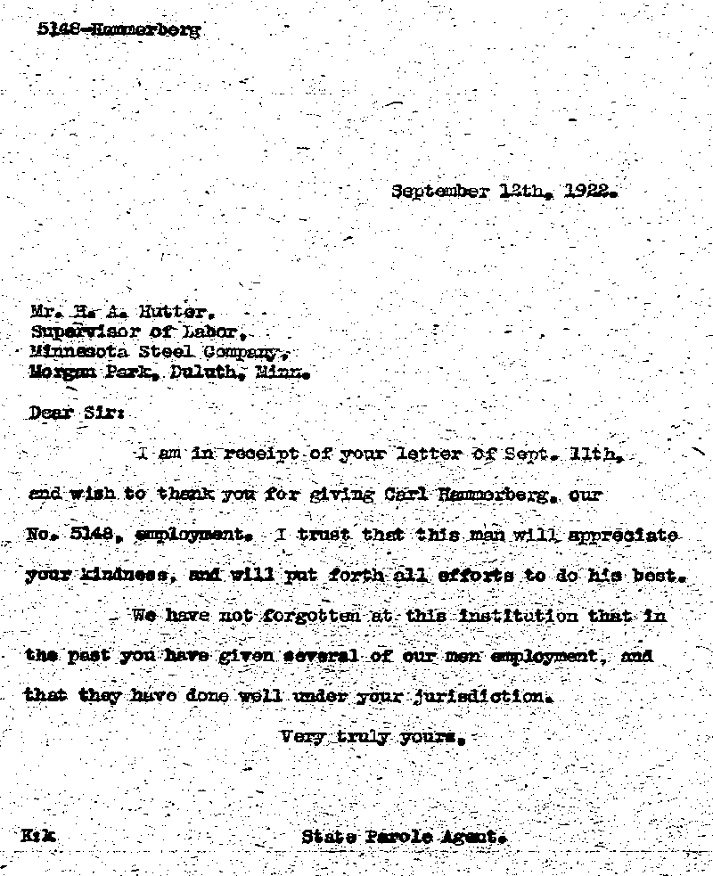 Carl John Alfred Hammerberg. Case No. 5148. Letter from D. H. Knickerbacker to Harry A. Hutter, September 12, 1922.